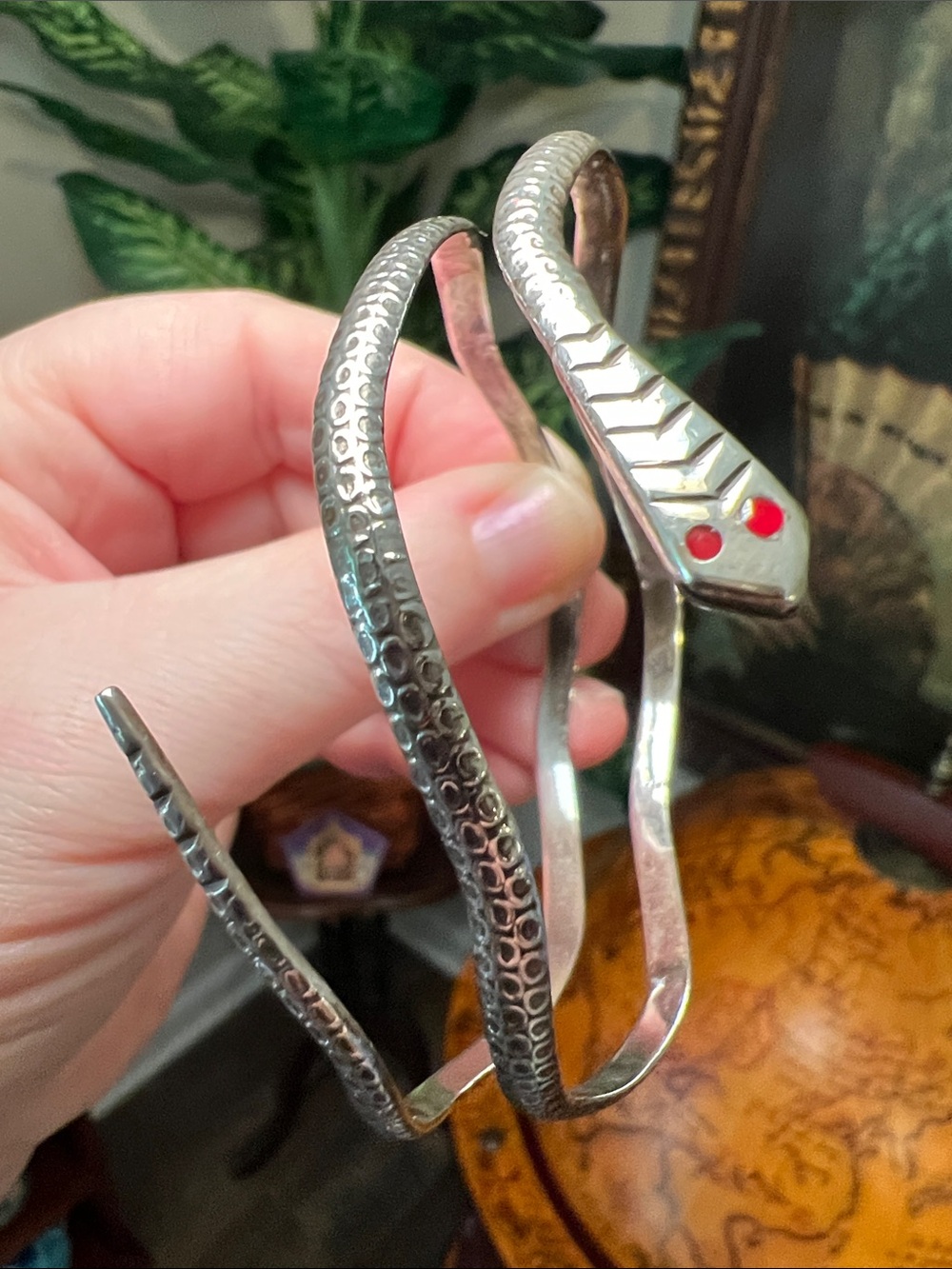 Vintage Coiled Snake Serpent Red Eyes Sterling Silver Wrap Around Bracelet
